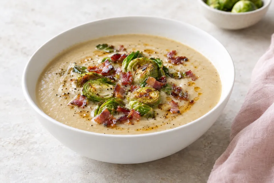 Brown Butter-Sunchoke Soup with Brussels Sprouts and Bacon