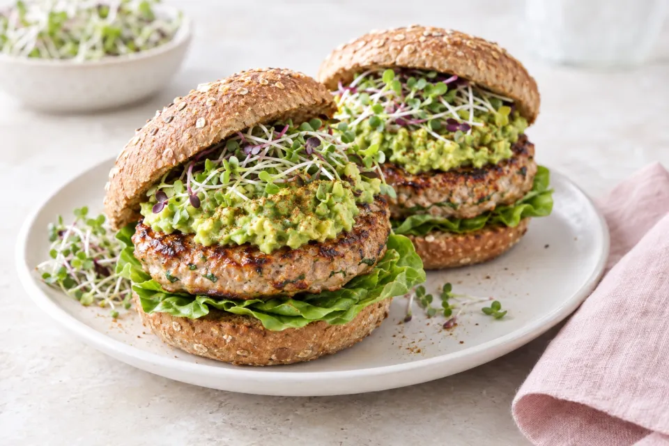 Juicy Turkey Burgers with Avocado-Cumin Mash and Sprouts