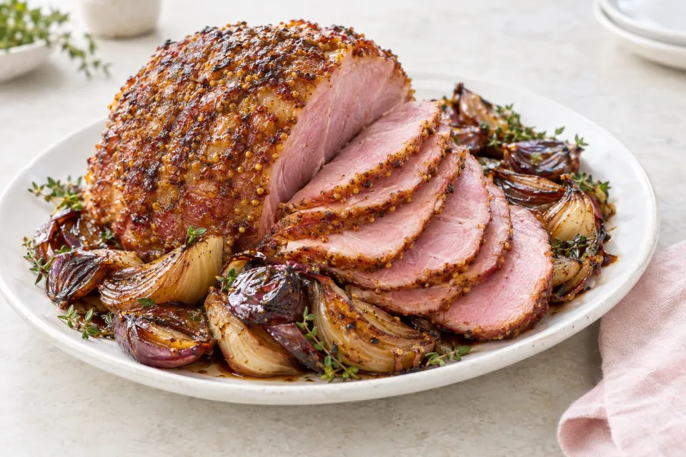 Mustard- and Brown Sugar–Rubbed Ham with Balsamic-Roasted Onions