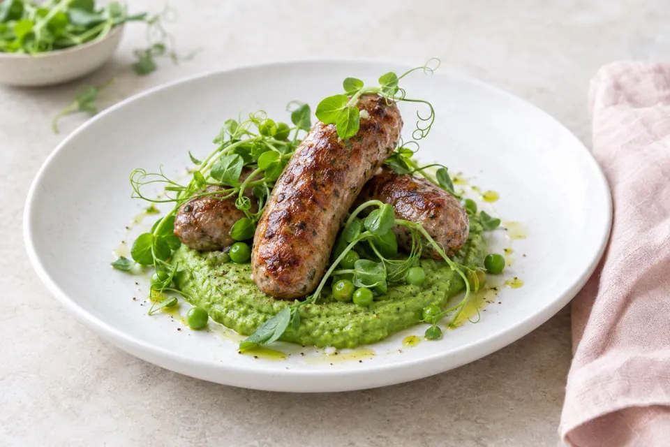 Lamb Sausage with Pea Purée and Pea Sprouts