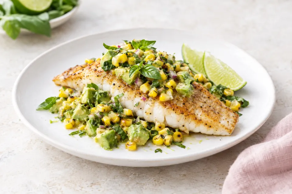 Pan-Fried Whitefish with Corn, Avocado, Lime and Basil Relish