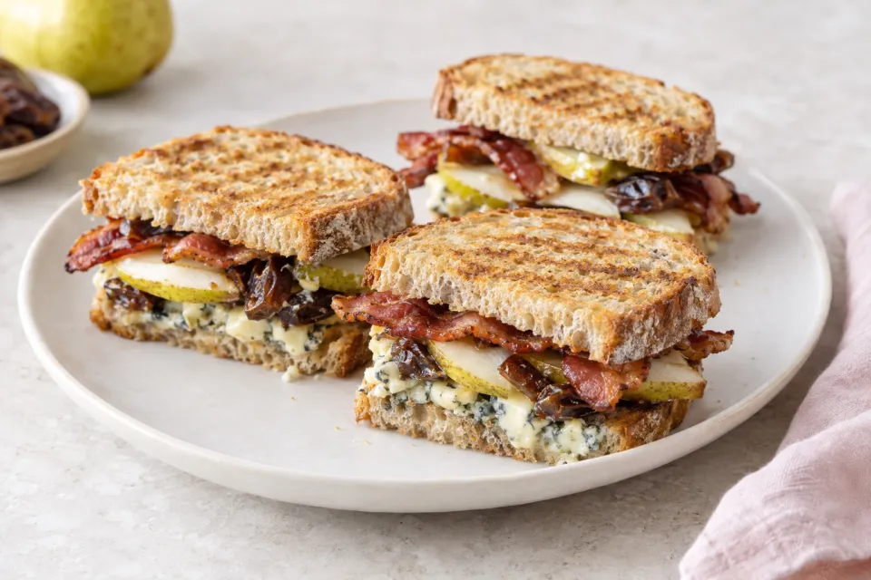 Pressed Stilton, Pear, Date, and Bacon Sandwiches