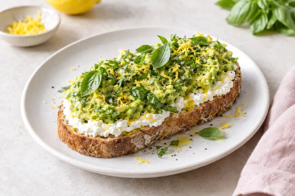 Avocado Toast with Ricotta, Olive Oil, Lemon Zest, and Basil