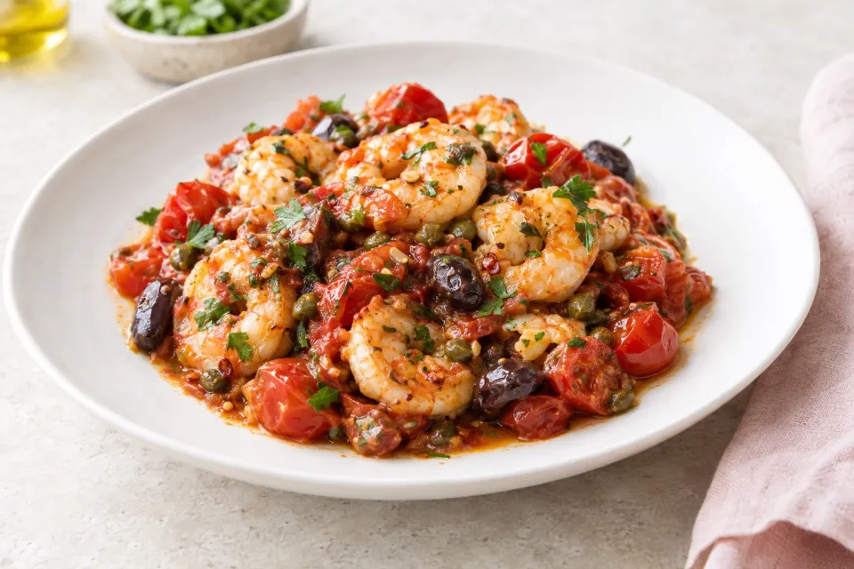 Shrimp with Chunky Cherry Tomato Puttanesca Sauce
