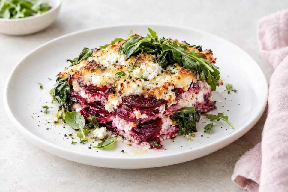 Beet Gratin with Goat Cheese and Greens