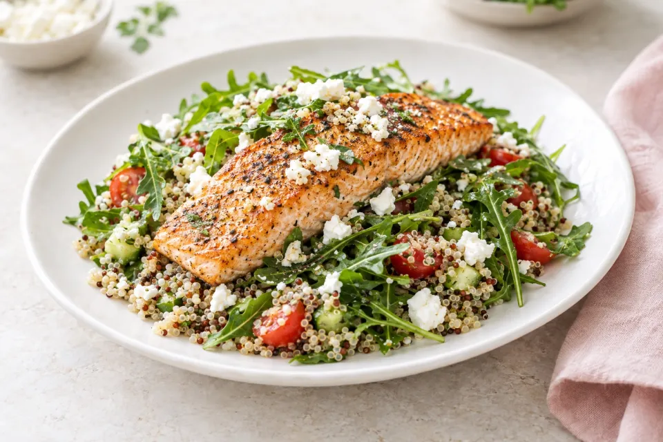 Skillet Salmon with Quinoa, Feta, and Arugula