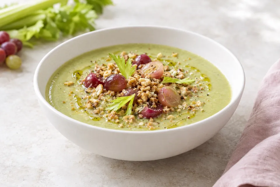 Celery Soup with Peanut Crumble and Pickled Grapes