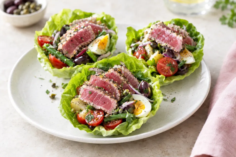 Seared Rare Niçoise Tuna Lettuce Cups