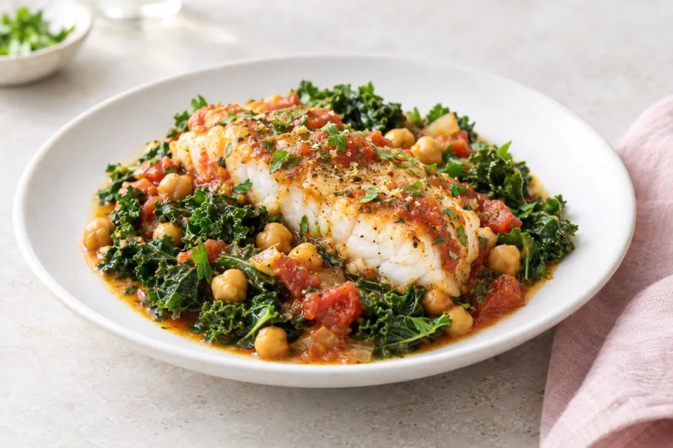 Tomato-Poached Fish with Kale and Chickpeas
