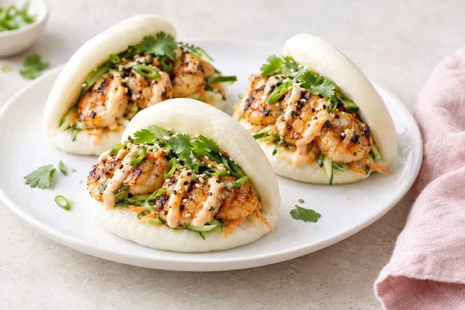 Steamed Buns with Grilled Shrimp and Sriracha Mayonnaise