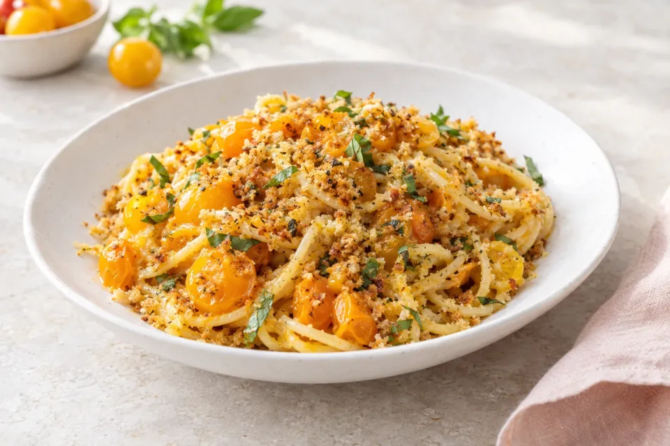 Summer Sun Gold Tomato Pasta with Breadcrumbs