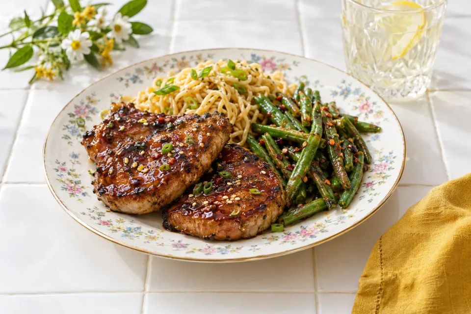 Hoisin-Glazed Pork Chops with Sichuan Green Beans