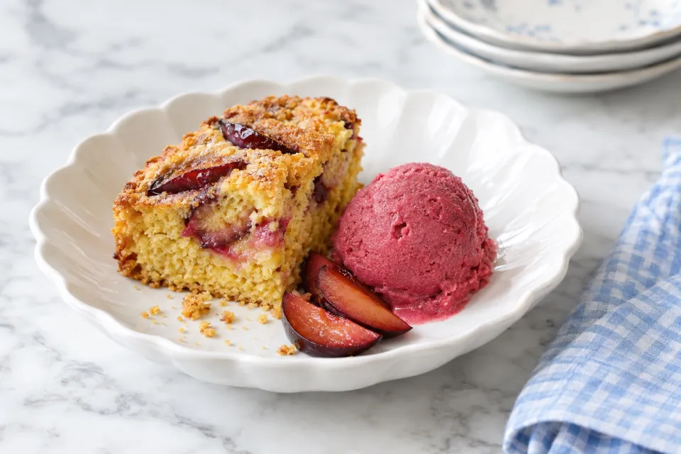 Plum-Cornmeal Cake with Plum Sorbet