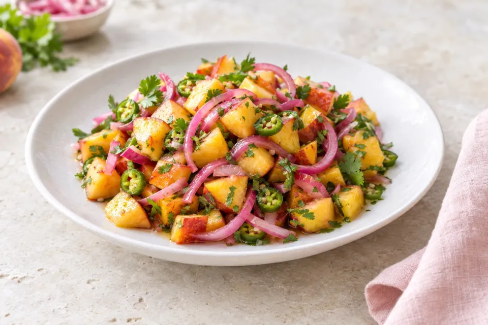 Peach Salsa with Pickled Red Onions and Serrano Chilies