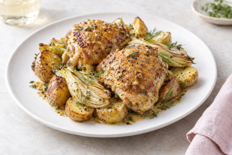 Sheet-Pan Chicken Thighs with Potatoes, Fennel, and Mustard-Beer Sauce