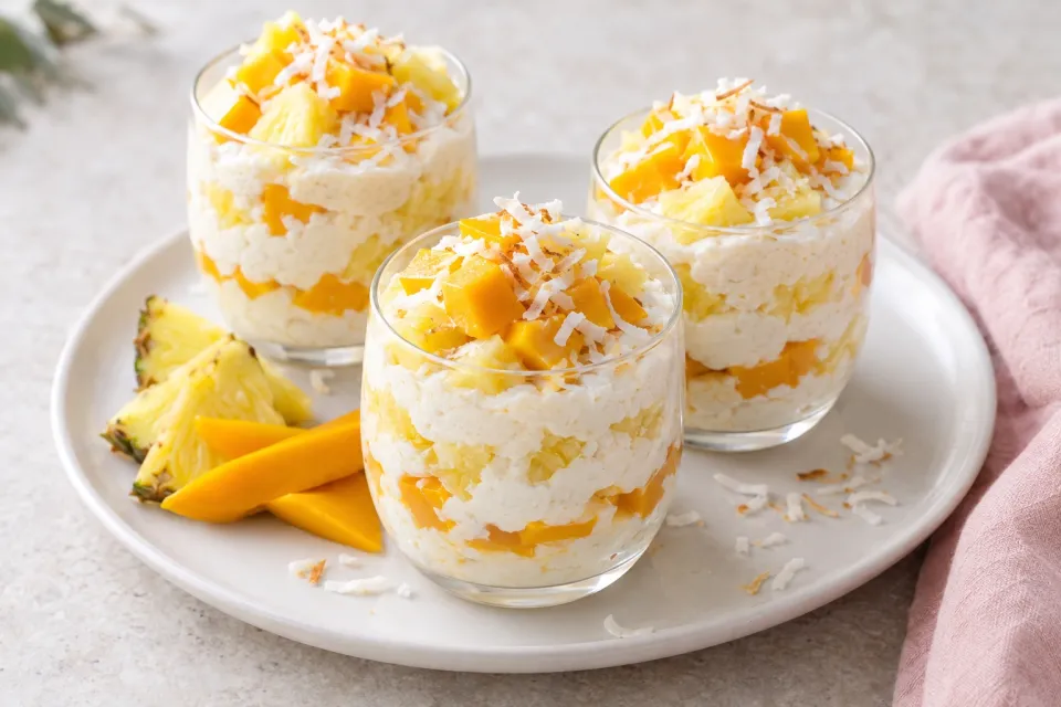 Tropical Pineapple, Mango, and Coconut Fools