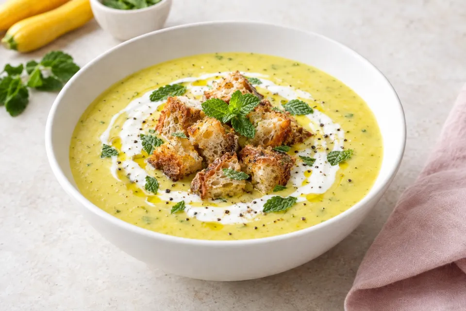 Chilled Summer Squash Soup with Yogurt, Mint, and Sourdough Croutons