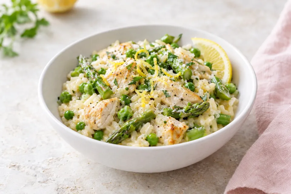 Chicken Risotto with Lemon, Asparagus and Peas