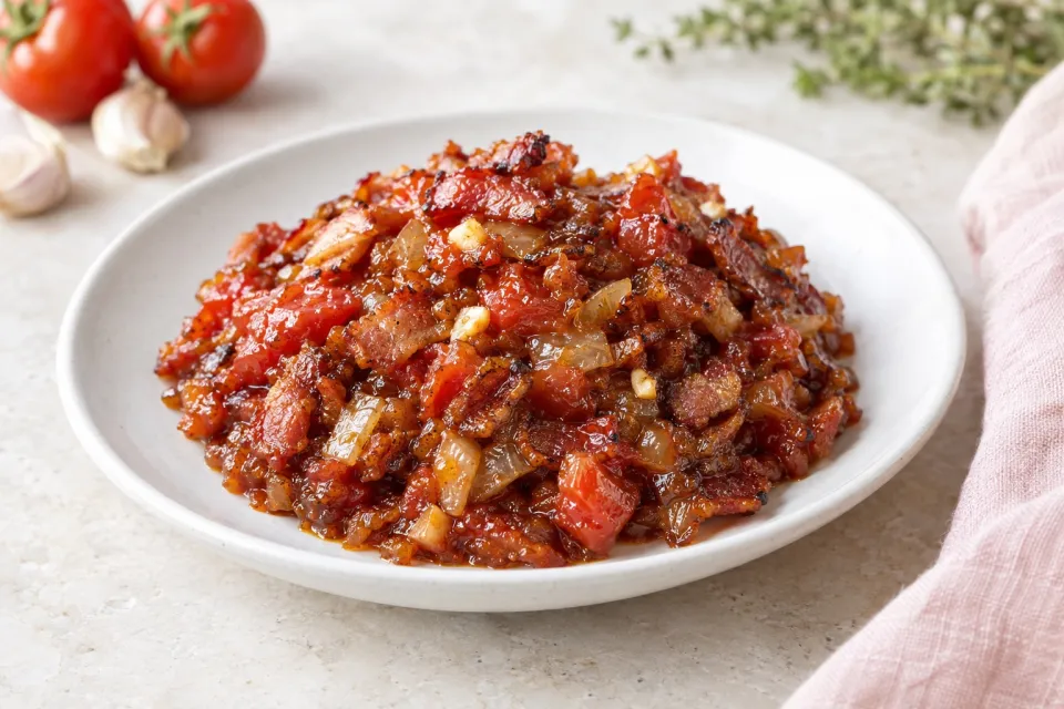 Tangy and Sweet Tomato-Bacon Jam with Onions and Garlic