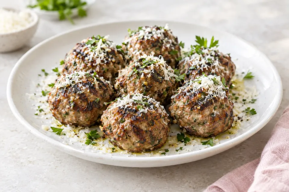 Grilled Italian-Style Meatballs with Pecorino and Parmesan