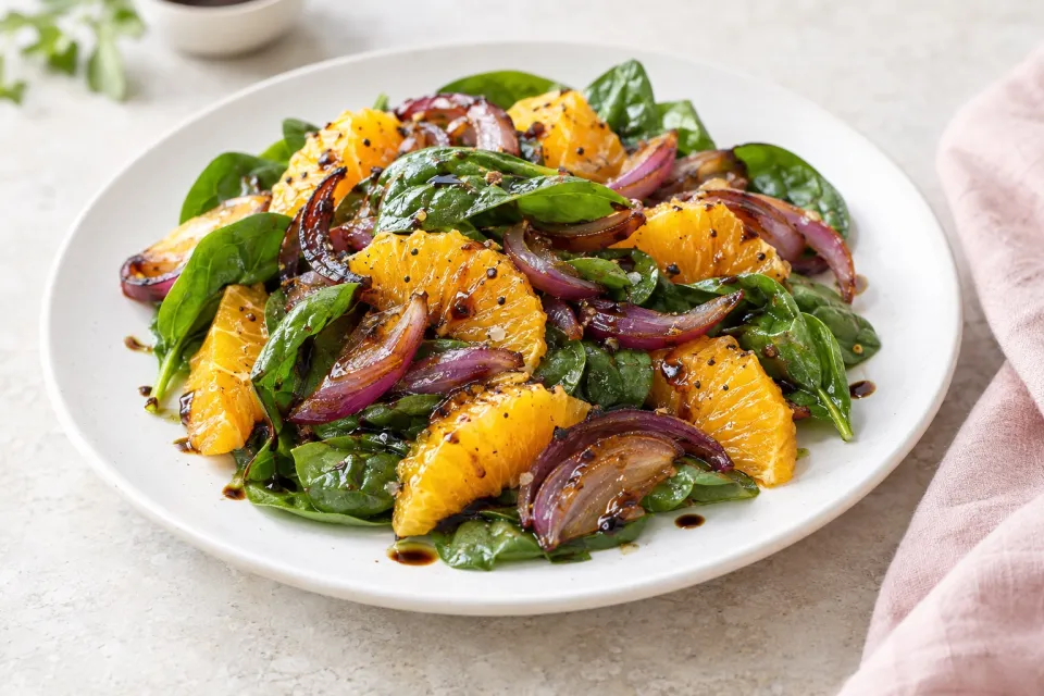 Oranges, Caramelized Red Onions and Spinach with Balsamic Vinaigrette