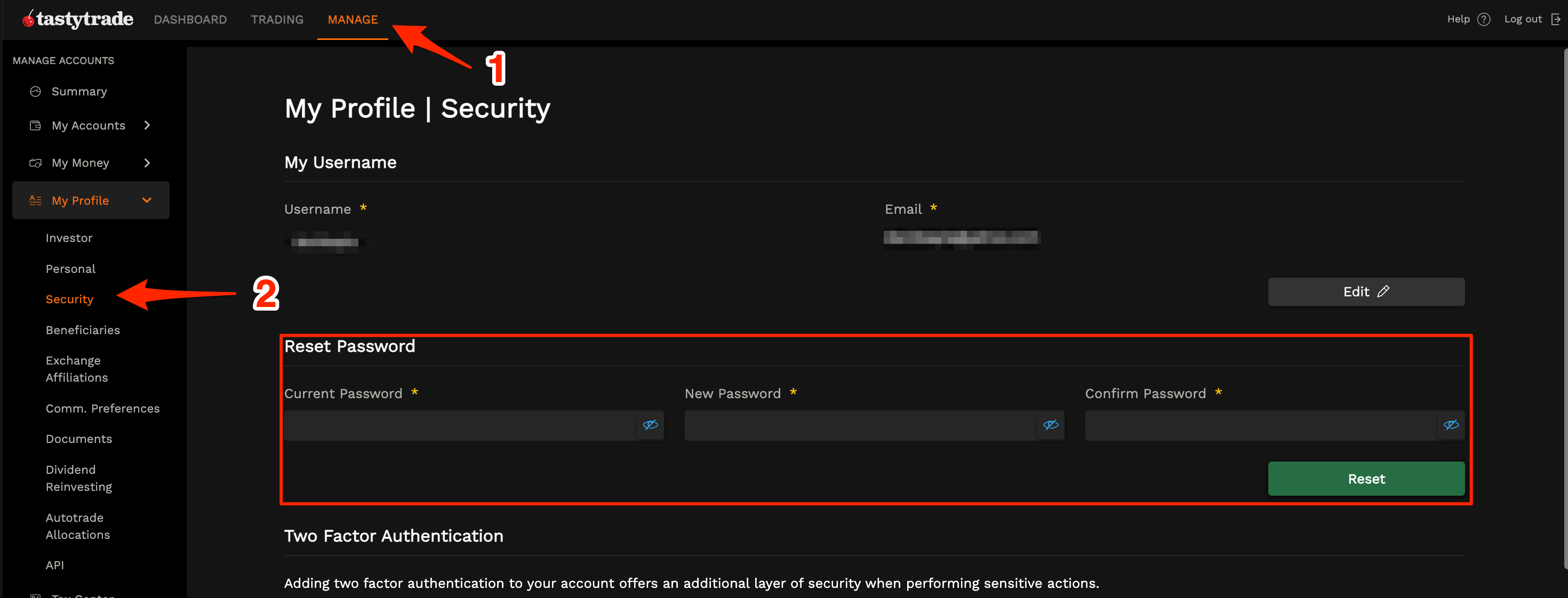 How to change my tastytrade password
