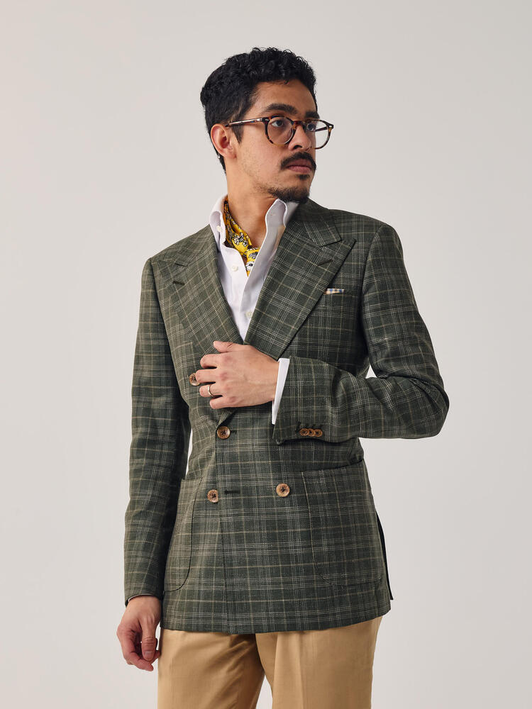 Veston en lin à carreaux vert olive et beige Symphony