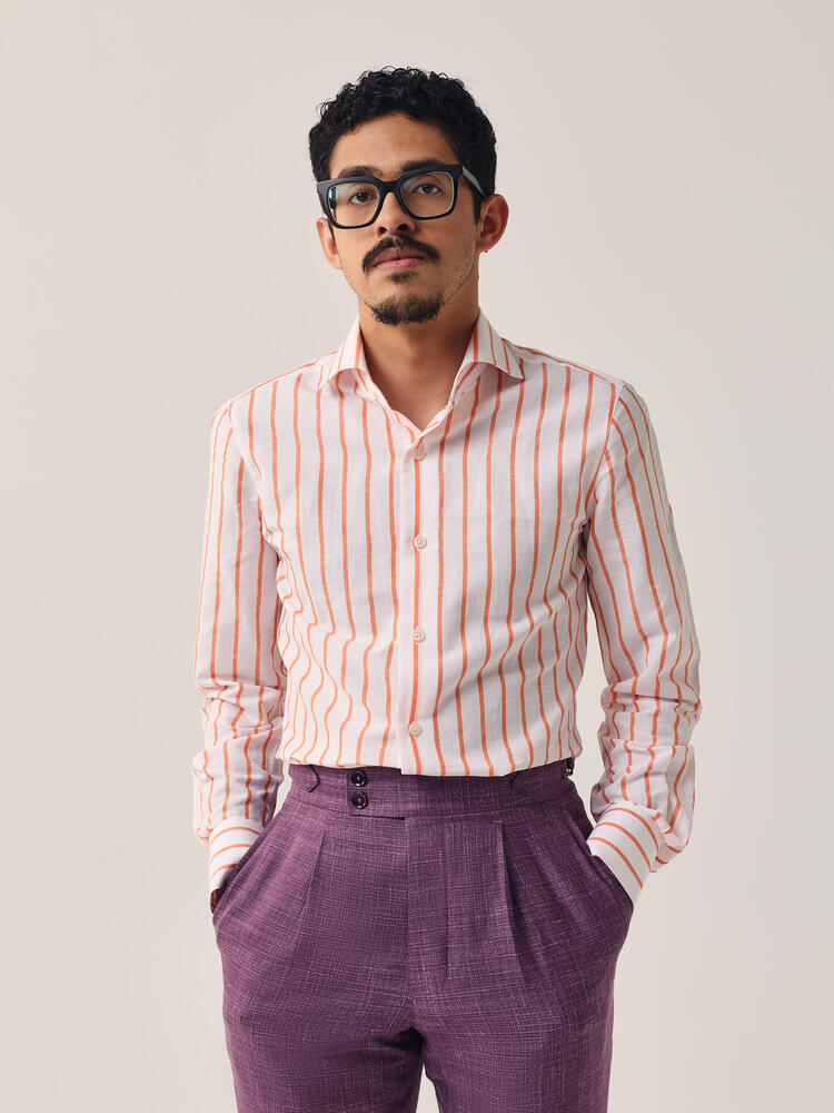 Chemise sport à rayures fines orange sorbet Flamenco