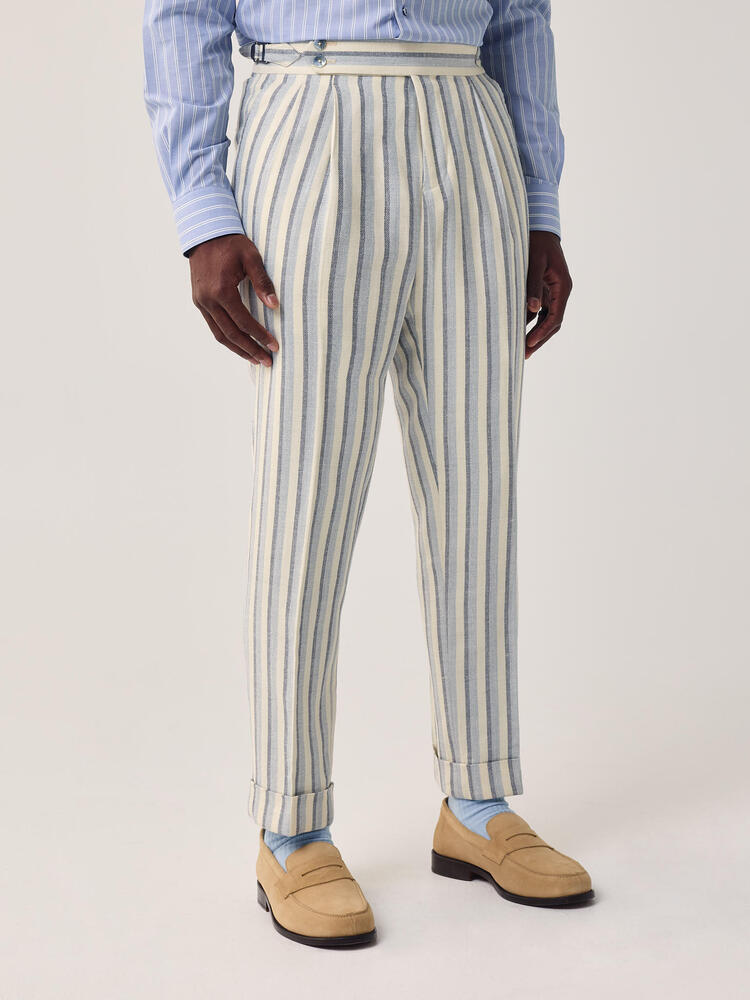 H&S Crystal Springs Blue and Cream Stripe Wool-Silk-Linen Trouser