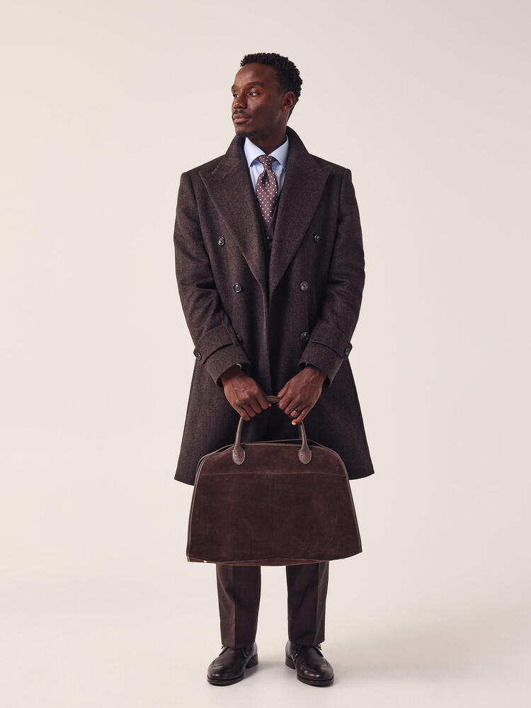 Manteau brun foncé à chevrons en laine et cachemire