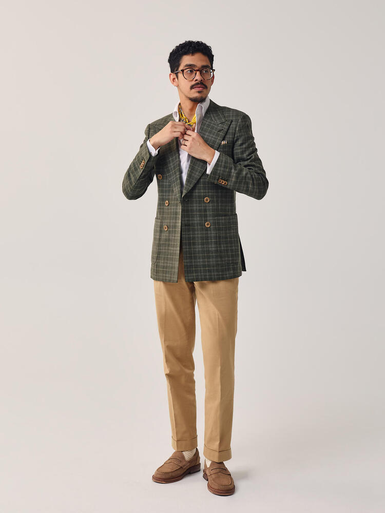 Veston en lin à carreaux vert olive et beige Symphony