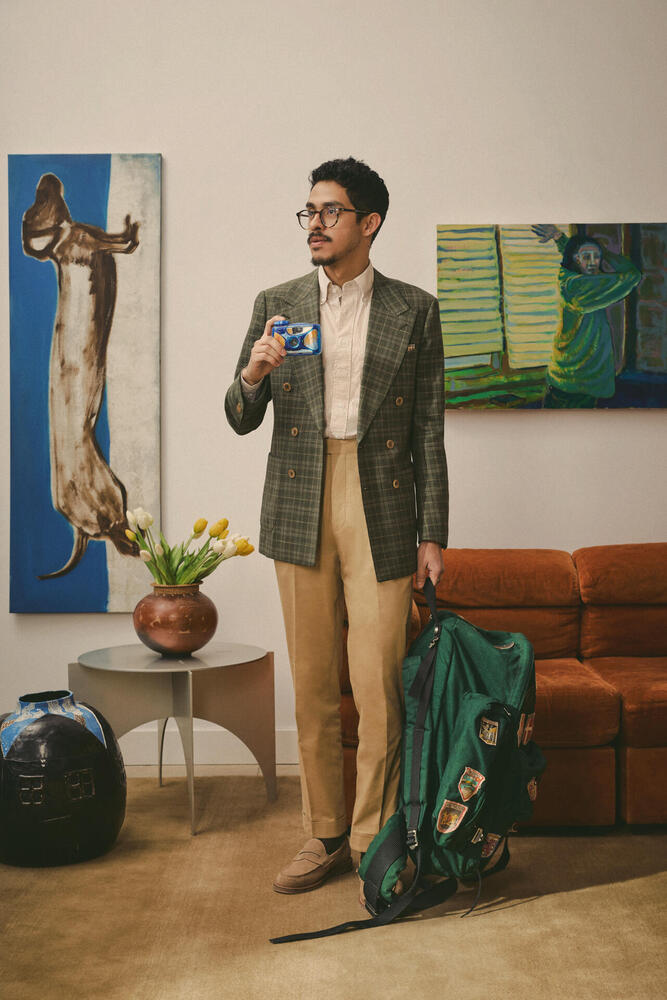 Veston en lin à carreaux vert olive et beige Symphony