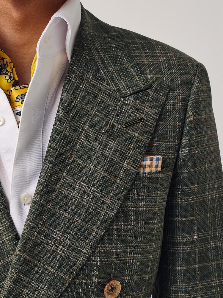 Veston en lin à carreaux vert olive et beige Symphony