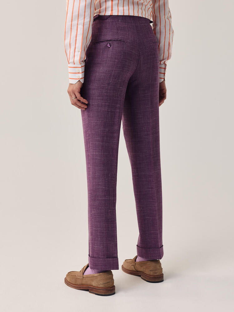 Pantalon hopsack en laine, soie et lin mauve pourpre Reda