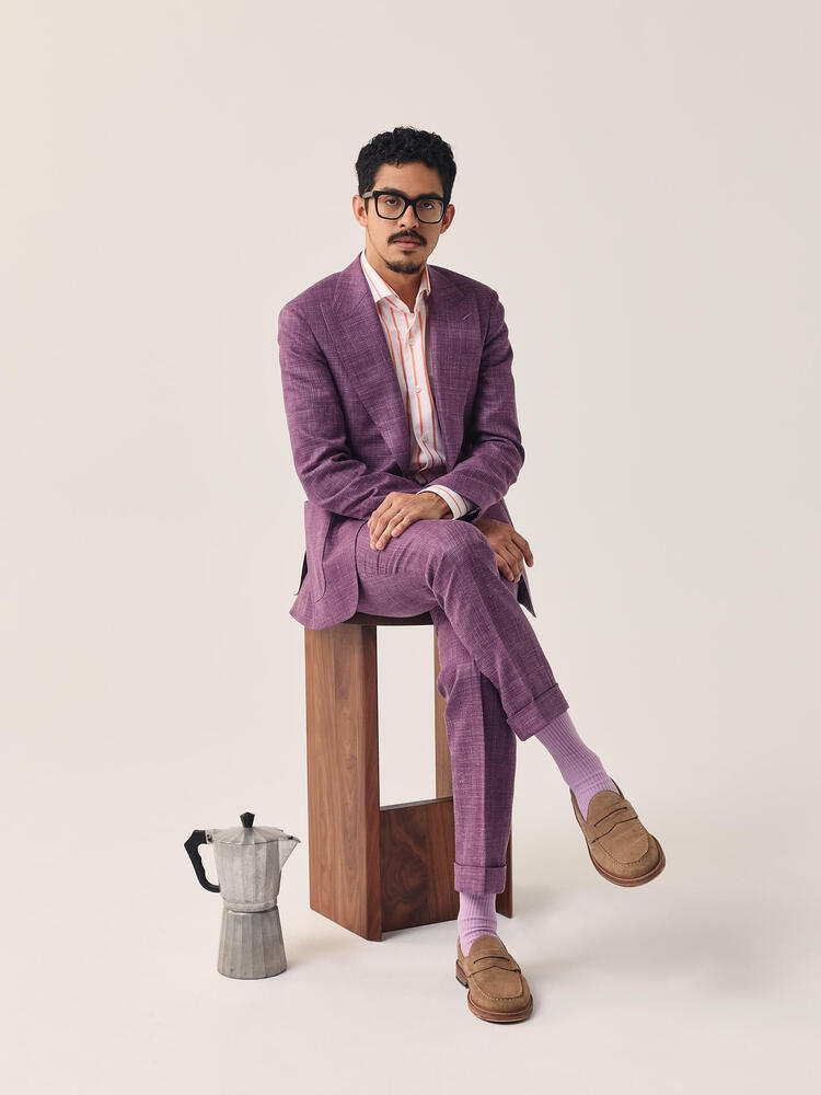 Complet sport hopsack en laine, soie et lin mauve pourpre Reda