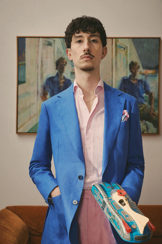 Veston en lin bleu cobalt à simple boutonnage