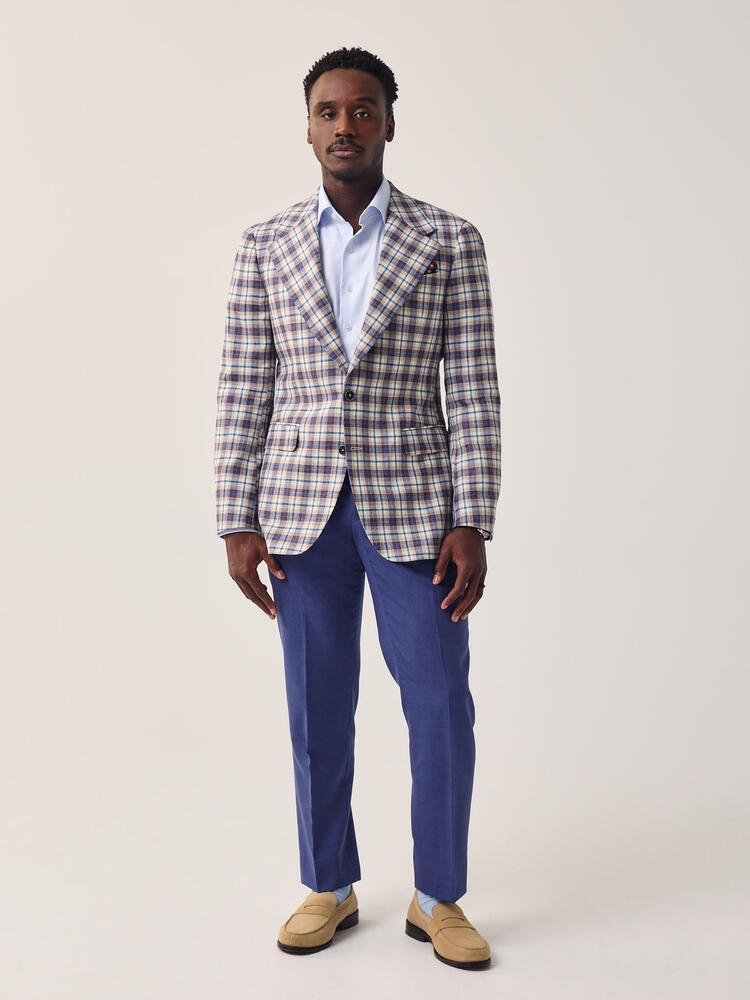 Veston sport en laine, soie et lin à carreaux violet mûre et bleu azur H&S Crystal Springs