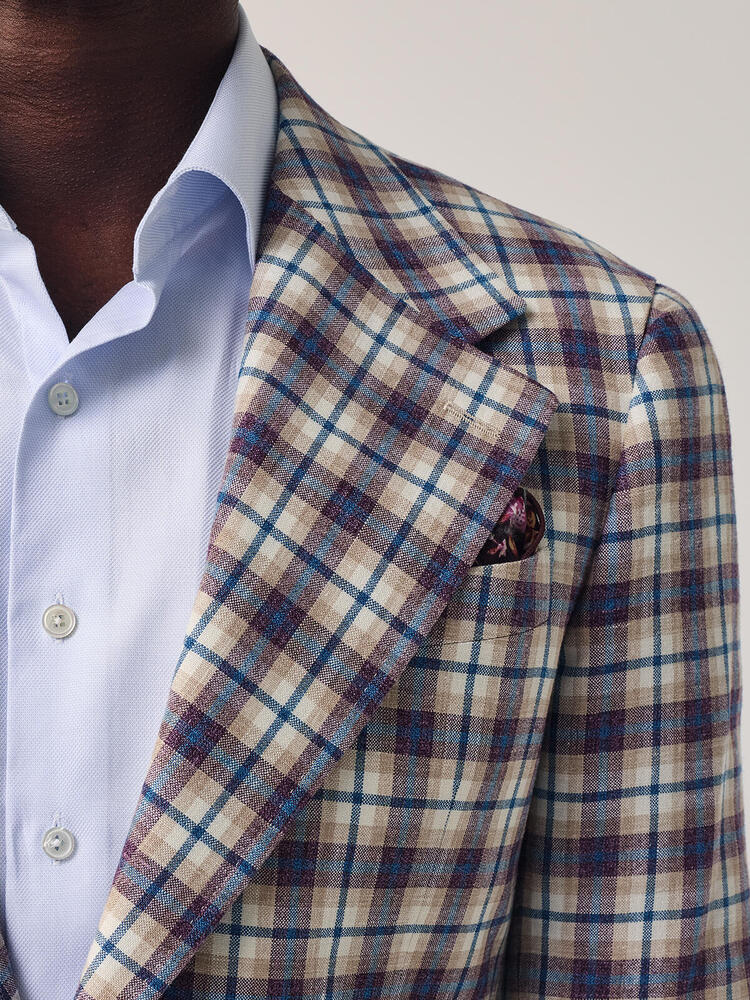 Veston sport en laine, soie et lin à carreaux violet mûre et bleu azur H&S Crystal Springs