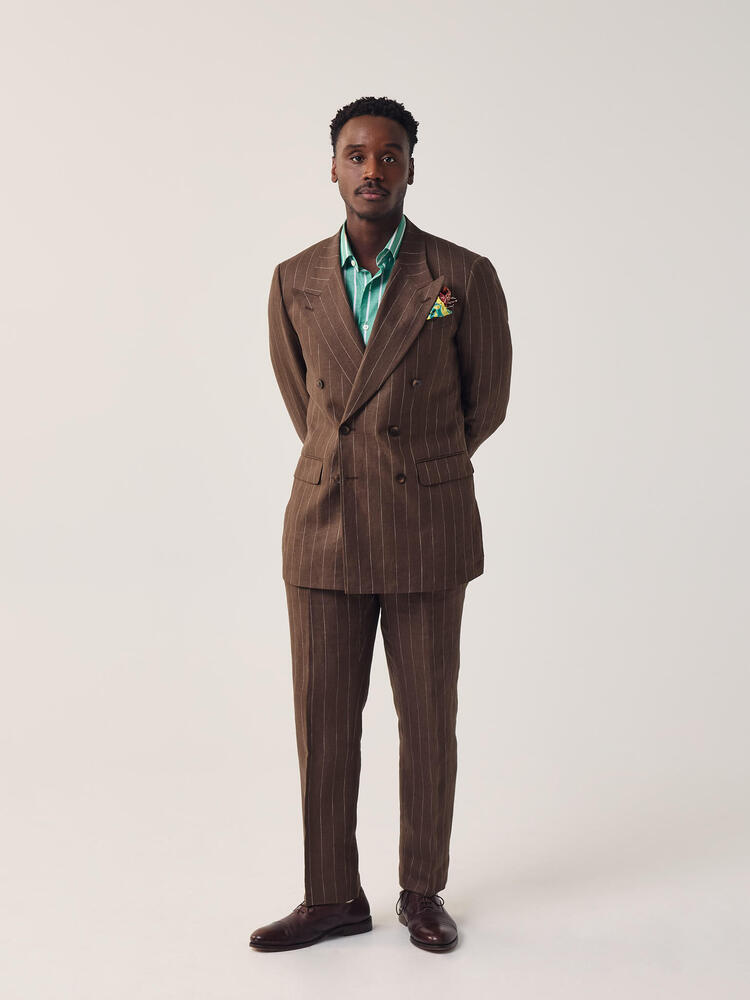 Coffee Brown Pinstripe 6 on 2 Double Breasted Linen Blazer