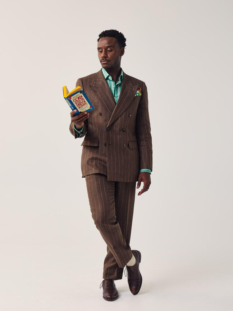 Coffee Brown Pinstripe 6 on 2 Double Breasted Linen Blazer