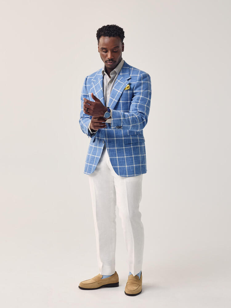 Ariston French Blue and White Windowpane Single Breasted Sport Coat