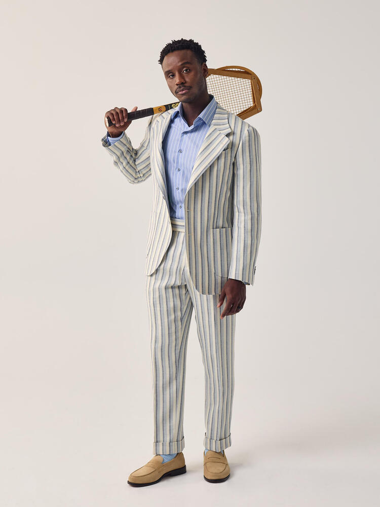 H&S Crystal Springs Blue and Cream Stripe Wool-Silk-Linen Sport Coat