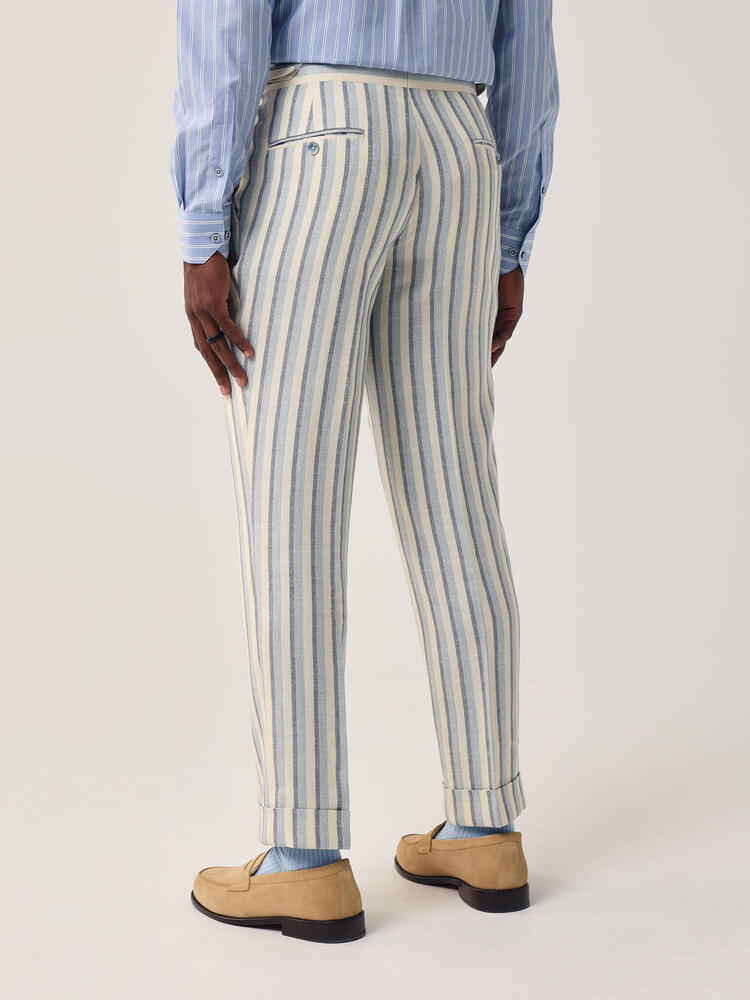 H&S Crystal Springs Blue and Cream Stripe Wool-Silk-Linen Trouser