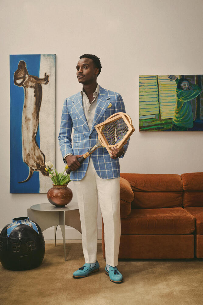 Ariston French Blue and White Windowpane Single Breasted Sport Coat