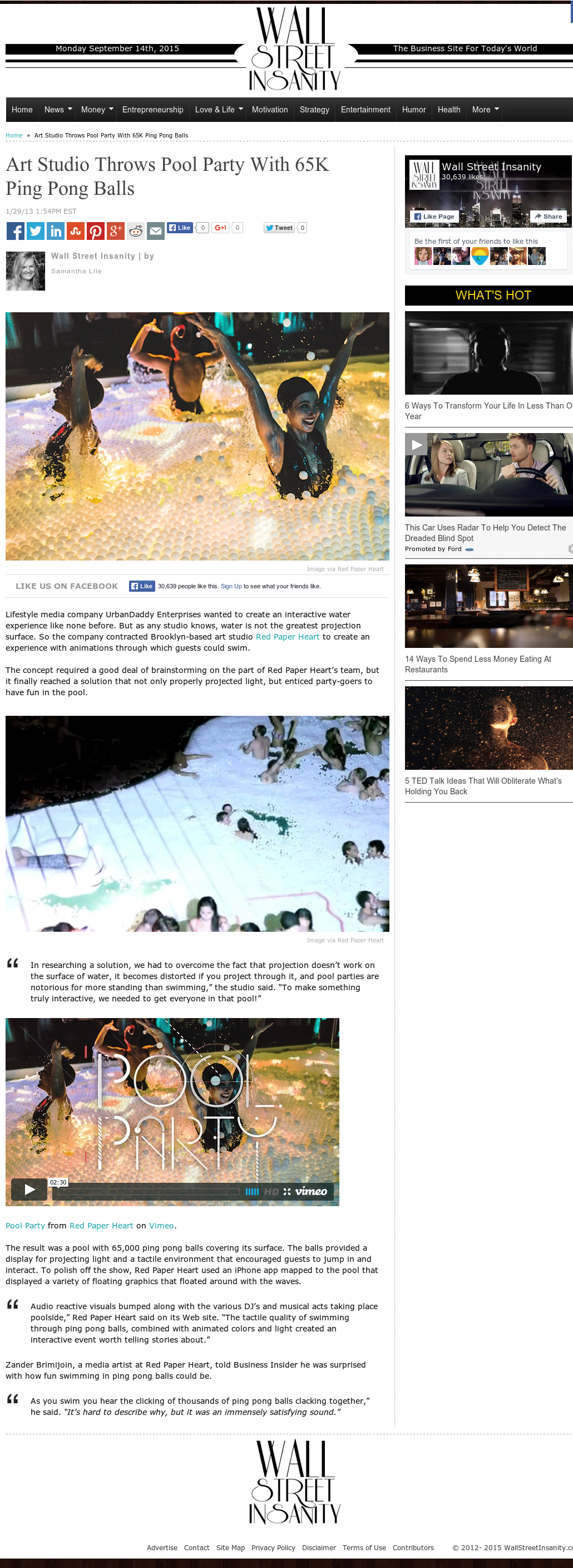 Wall Street Insanity - Art Studio Throws Pool Party With 65K Ping Pong Balls