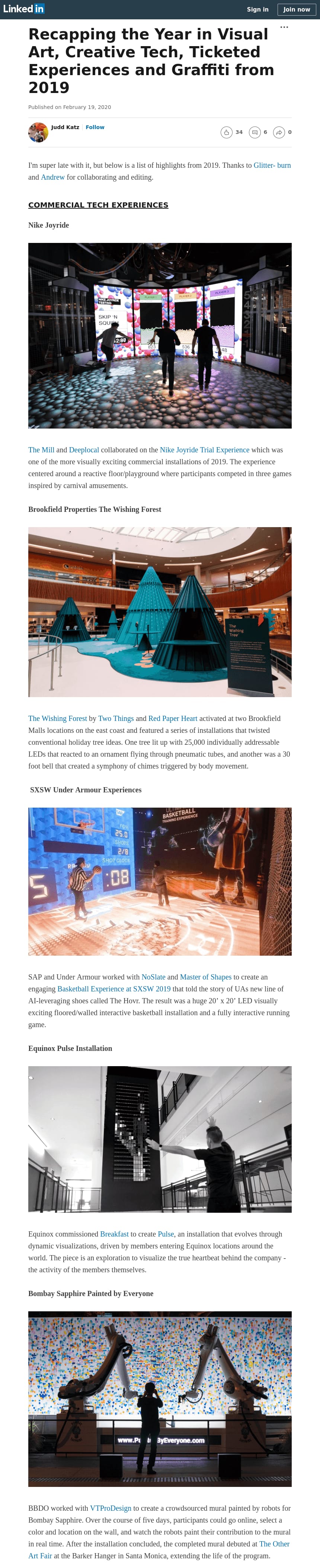 LinkedIn: Log In or Sign Up - Recapping the Year in Visual Art, Creative Tech, Ticketed Experiences and Graffiti from 2019