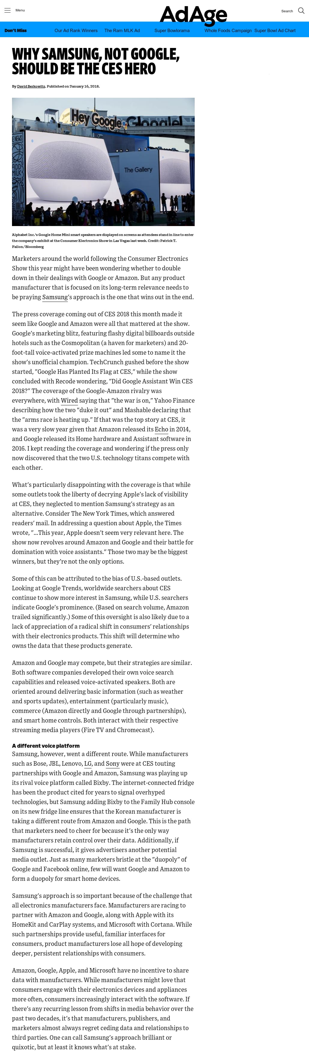 Advertising & Marketing Industry News - AdAge - Why Samsung, not Google, Should Be the CES Hero