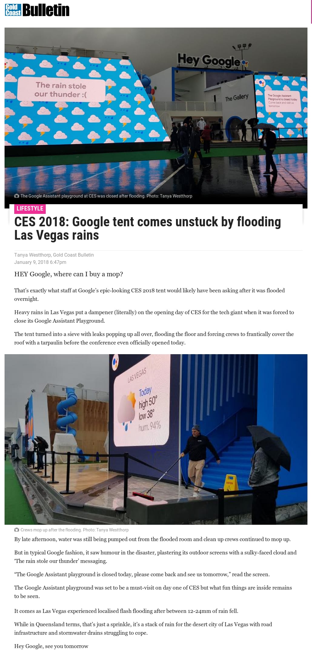 No Cookies | Gold Coast Bulletin - CES 2018: Google tent comes unstuck by flooding Las Vegas rains