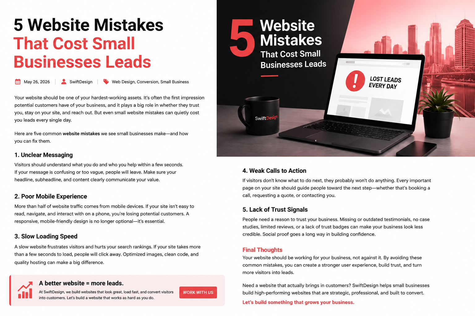 Discover 5 common website mistakes that cost small businesses leads and learn how SwiftDesign helps turn websites into stronger lead-generating tools.