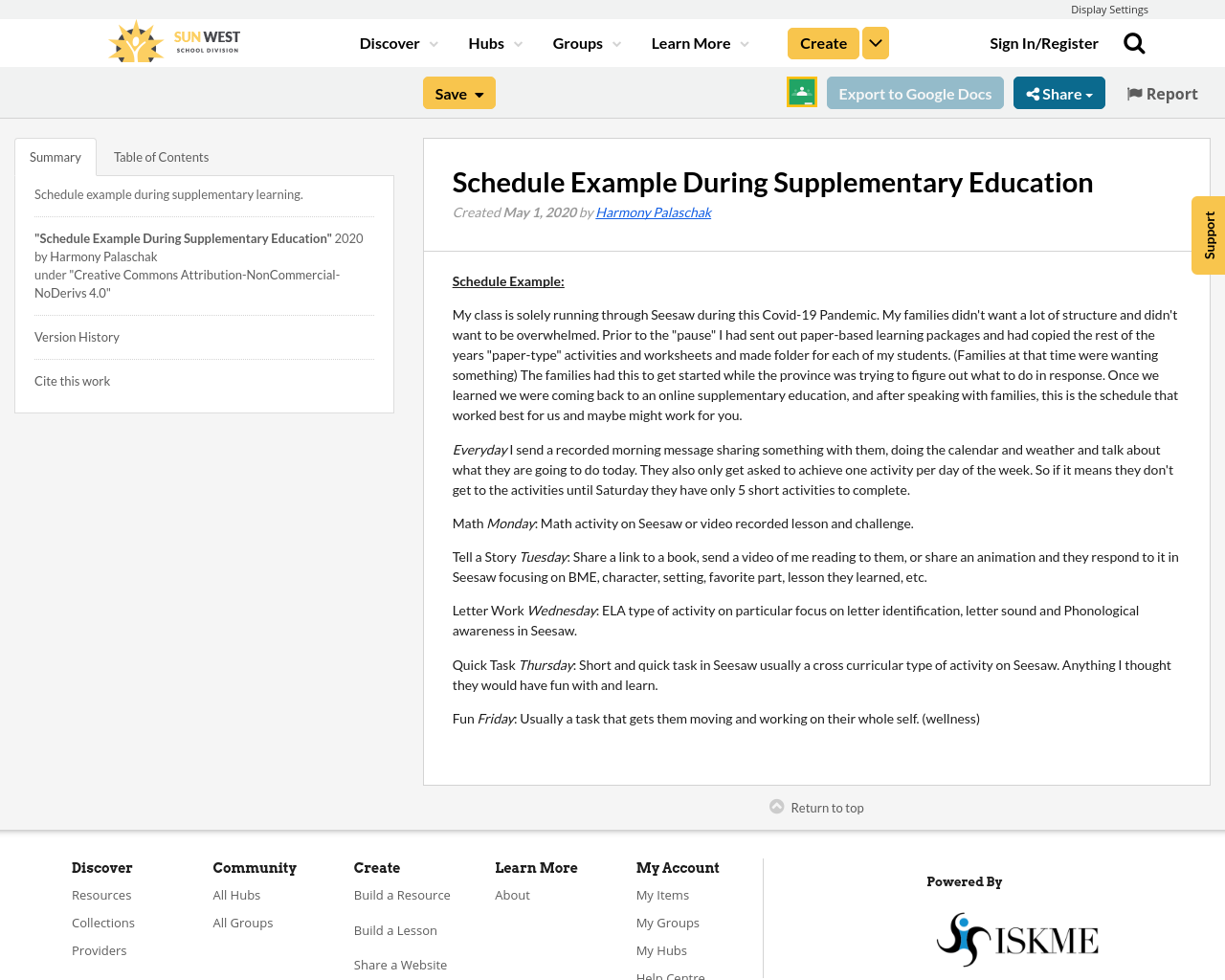 Schedule Example During Supplementary Education Resource Bank